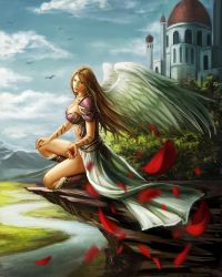 Rule 34 | 1girl, angel, armor, boots, bracelet, brown hair, building, cloud, collarbone, day, highres, jewelry, lips, long hair, mountain, muxia yue nai, original, petals, river, shoulder armor, sky, solo, pauldrons, wind, wings