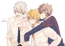 Rule 34 | 3boys, :d, ^ ^, absurdres, arm up, black neckwear, black sweater, blonde hair, blush, brown eyes, closed eyes, closed mouth, collared shirt, commentary request, ex albio, fuwa minato, green eyes, grey hair, hair between eyes, half-closed eye, highres, jacket, kuzuha (nijisanji), long sleeves, looking away, male focus, mole, mole under eye, multicolored hair, multiple boys, necktie, nijisanji, open mouth, pointy ears, profile, purple hair, red hair, shading eyes, shirt, short sleeves, signature, simple background, sleeves past wrists, smile, sofra, streaked hair, sweater, twitter username, uneven eyes, v-shaped eyebrows, virtual youtuber, white background, white jacket, white shirt