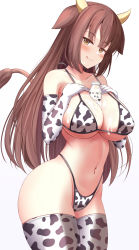 Rule 34 | 1girl, :q, animal ears, animal print, bad id, bad pixiv id, between breasts, bikini, blush, bottle, breasts, brown eyes, brown hair, closed mouth, commentary request, covered erect nipples, cow ears, cow girl, cow horns, cow print, cow tail, cowboy shot, elbow gloves, floppy ears, gloves, halterneck, hands on own chest, highleg, highleg bikini, highres, horns, large breasts, licking lips, long hair, milk, milk bottle, navel, original, print bikini, print gloves, print thighhighs, simple background, solo, stomach, straight hair, suggestive fluid, swimsuit, tail, thighhighs, tongue, tongue out, translation request, turbine guruguru, wet, white background, wide hips