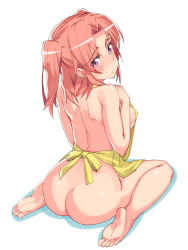 Rule 34 | 1girl, apron, areola slip, ass, back, barefoot, blush, breasts, feet, female focus, from behind, hands on own chest, highres, long hair, looking at viewer, looking back, medium breasts, michairu, mikakunin de shinkoukei, naked apron, pink hair, purple eyes, shiny skin, sideboob, sitting, soles, solo, toes, twintails, two side up, wariza, yonomori kobeni