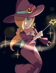 Rule 34 | 1girl, absurdres, aqua eyes, black background, blonde hair, bow, brooch, closed mouth, collarbone, dress, earrings, hair over one eye, hat, hat bow, highres, holding, holding wand, jack-o&#039;-lantern hat ornament, jewelry, long hair, long sleeves, looking at viewer, mario (series), mario kart, mario kart tour, nintendo, official alternate costume, purple dress, purple hat, rosalina, rosalina (halloween), sasaki sakiko, smile, solo, star (symbol), star brooch, star earrings, wand, witch, witch hat