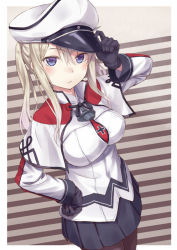 Rule 34 | 10s, 1girl, adjusting clothes, adjusting headwear, anchor choker, black gloves, black pantyhose, black ribbon, black skirt, blonde hair, blue eyes, blush, border, breasts, brown background, cross, doonatsu., dutch angle, gloves, graf zeppelin (kancolle), hair between eyes, hand on own hip, hat, iron cross, kantai collection, large breasts, long sleeves, looking at viewer, military, military uniform, miniskirt, necktie, pantyhose, peaked cap, pleated skirt, revision, ribbon, sidelocks, simple background, skirt, solo, standing, striped, striped background, two side up, uniform, white border
