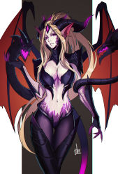 Rule 34 | 1girl, absurdres, animal ears, animal hands, blonde hair, breasts, cleavage, distr, dragon girl, dragon sorceress zyra, fins, gluteal fold, head fins, highres, horns, large breasts, league of legends, long hair, looking at viewer, monster girl, multiple horns, navel, pantyhose, ponytail, purple pantyhose, signature, smile, solo, standing, tentacles, thigh gap, very long hair, wings, zyra