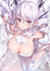 Rule 34 | 1girl, bare shoulders, blush, breasts, character request, check character, cleavage, closed mouth, demon horns, detached sleeves, dress, drill hair, duel monster, garter straps, gloves, hair between eyes, hong (white spider), horns, large breasts, leaning forward, long hair, long sleeves, looking at viewer, pointy ears, purple eyes, purple hair, selettrice vaalmonica, slit pupils, smile, solo, thighhighs, twin drills, twintails, white dress, white gloves, white thighhighs, yu-gi-oh!