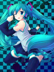 Rule 34 | 1girl, aosora, aqua eyes, aqua hair, boots, checkered background, collaboration, detached sleeves, hatsune miku, headset, highres, long hair, necktie, one eye closed, skirt, solo, thigh boots, thighhighs, twintails, very long hair, vocaloid, wink, yuzuki sora