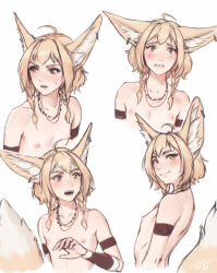 Rule 34 | 1girl, ahoge, animal ear piercing, animal ears, braid, clenched teeth, crying, crying with eyes open, expressions, flat chest, fox ears, fox girl, highres, jewelry, khiara (personal ami), medium hair, multiple views, necklace, nipples, nude, original, personal ami, short hair, simple background, tears, teeth, twin braids, upper body, white background, wince, yellow eyes