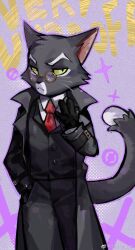 Rule 34 | animal ears, black coat, black fur, black gloves, black pants, black vest, cat boy, cat ears, chinese commentary, christory yyb, coat, furry, furry male, gloves, hand in pocket, highres, lackadaisy, male focus, mordecai heller, pants, red tie, round eyewear, shirt, solo, vest, weibo logo, weibo watermark, white shirt