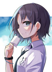 Rule 34 | 1girl, asakura toru, black bracelet, blue background, blue eyes, blue hair, blue necktie, blush, border, breasts, brown hair, closed mouth, earrings, emblem, food, from side, gougoku, gradient hair, hand up, holding, holding food, holding popsicle, idolmaster, idolmaster shiny colors, jewelry, looking at viewer, medium breasts, multicolored hair, necktie, outside border, pen in pocket, popsicle, school uniform, shirt, short hair, short sleeves, smile, solo, upper body, white border, white shirt