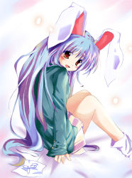 Rule 34 | 1girl, :d, animal ears, arm support, blazer, blue hair, blush, female focus, from behind, head tilt, jacket, long hair, looking at viewer, looking back, loose socks, miniskirt, open mouth, pleated skirt, rabbit ears, red eyes, reisen udongein inaba, sitting, skirt, sleeves past wrists, smile, socks, solo, touhou, very long hair, white socks