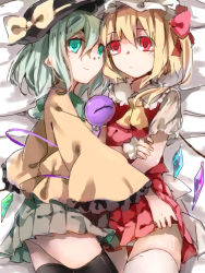 Rule 34 | 2girls, absurdres, ascot, bad id, bad pixiv id, bed, black legwear, blonde hair, crystal, eyeball, flandre scarlet, green eyes, green hair, hand in skirt, hand on own arm, hand under clothes, hat, hat ribbon, highres, komeiji koishi, long sleeves, looking at viewer, lying, mob cap, multiple girls, on back, on bed, on side, outstretched arms, ponytail, puffy sleeves, red eyes, red medicine, ribbon, shirt, short hair, short sleeves, side ponytail, sketch, skirt, skirt set, smile, string, thighhighs, third eye, touhou, vest, white legwear, white shirt, wide sleeves, wings, wrist cuffs, yuri, zettai ryouiki