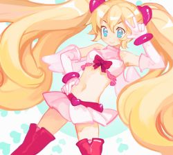 Rule 34 | 1girl, bad id, bad pixiv id, blonde hair, blue eyes, bracelet, crop top, disgaea, disgaea d2, elbow gloves, flonne, gloves, heart, heart-shaped pupils, heart background, jewelry, k (sktchblg), long hair, magical girl, midriff, multicolored eyes, navel, pink eyes, pink thighhighs, pure flonne, simple background, skirt, smile, solo, symbol-shaped pupils, thighhighs, twintails, v, white gloves, white skirt, wings