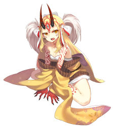 Rule 34 | 1girl, blonde hair, claws, earrings, fate/grand order, fate (series), female focus, full body, horns, ibaraki douji (fate), japanese clothes, jewelry, kimono, long hair, looking at viewer, menggo, oni, oni horns, short kimono, simple background, sitting, solo, white background, yellow eyes, yellow kimono