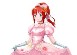 Rule 34 | 1girl, breasts, brown hair, closed mouth, dress, gloves, green eyes, hair ornament, hollllllyshit, long hair, looking at viewer, ponytail, precis neumann, simple background, smile, solo, star ocean, star ocean anamnesis, star ocean the second story, white background