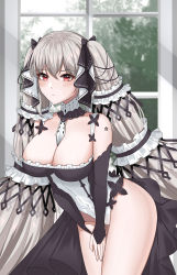 Rule 34 | 1girl, absurdres, azur lane, bare shoulders, between breasts, black dress, black ribbon, breasts, chinese commentary, cleavage, clothing cutout, detached collar, dress, formidable (azur lane), frilled dress, frills, grey hair, hair ribbon, highres, indoors, large breasts, leaning forward, long hair, red eyes, ribbon, shoulder cutout, solo, standing, twintails, two-tone ribbon, v arms, very long hair, white ribbon, window, yuyu-lyf