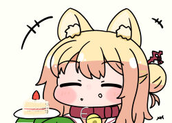 Rule 34 | +++, 1girl, animal ear fluff, animal ears, bell, blonde hair, blush, borrowed character, cake, cake slice, closed eyes, collar, commentary request, food, food on face, fox ears, fruit, hair bun, hair ornament, highres, holding, holding plate, jewelry, kemomimi-chan (naga u), long sleeves, min-ti, neck bell, original, plate, red collar, simple background, sleeves past fingers, sleeves past wrists, solo, strawberry, upper body, white background