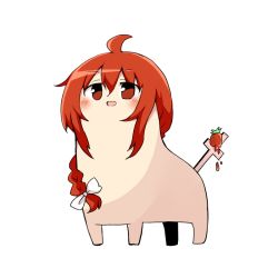 Rule 34 | ahoge, bow, braid, cross, food, fruit, hair bow, long hair, no humans, okazaki yumemi, red eyes, red hair, simple background, smile, solo, strawberry, su----per cute, touhou, touhou (pc-98), wadante, white background