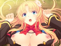 Rule 34 | 1girl, arms up, blonde hair, blue eyes, blush, bow, bowtie, breasts, breasts out, flower, game cg, hair ornament, huge breasts, isse, looking at viewer, lying, nipples, no bra, open mouth, solo, tsukikage ars magika: fukagyaku shin&#039;iki no shoujo-tachi