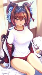 Rule 34 | 1girl, animal ears, bed, breasts, brown hair, buruma, commentary request, cowboy shot, daiwa scarlet (umamusume), fang, gym shirt, gym uniform, hair intakes, highres, horse ears, horse girl, horse tail, jacket, large breasts, long hair, open clothes, open jacket, red buruma, red eyes, red jacket, shirt, sitting, skin fang, solo, t-shirt, tail, tiara, toymark, twintails, umamusume, very long hair, white shirt, window