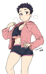 Rule 34 | 1girl, black hair, black shorts, blush, breast curtains, breasts, brown eyes, cleavage, dolphin shorts, hood, hoodie, hot, large breasts, open clothes, open hoodie, original, pink hoodie, short hair, shorts, solo, sweat, tomboy, tsukudani (coke-buta), underboob, very short hair