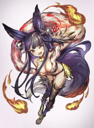Rule 34 | 10s, 1girl, ;d, animal ears, bare shoulders, barefoot, bell, black thighhighs, blunt bangs, bra, breasts, choker, cleavage, elbow gloves, erune, fang, fire, fox ears, fox shadow puppet, fox tail, fur trim, gloves, granblue fantasy, hair bell, hair ornament, hand on leg, jingle bell, leaning forward, long hair, one eye closed, open mouth, panties, purple hair, red eyes, shawl, sidelocks, smile, solo, tail, thighhighs, thighs, toeless legwear, toes, tsurime, underwear, yoshimo (yoshimo1516), yuel (granblue fantasy)