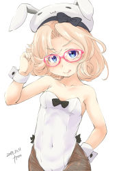 Rule 34 | 1girl, :3, :p, alternate costume, animal ears, arm behind back, bare shoulders, black leotard, blonde hair, blue eyes, blush, bow, breasts, commentary request, covered navel, dated, fake animal ears, fishnet pantyhose, fishnets, fyuo, glasses, hat, hat bow, highleg, highleg leotard, highres, index finger raised, janus (kancolle), kantai collection, leotard, looking at viewer, pantyhose, playboy bunny, rabbit ears, short hair, small breasts, smile, solo, strapless, strapless leotard, tongue, tongue out, white background, wrist cuffs