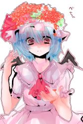 Rule 34 | 1girl, bat wings, blue hair, dress, female focus, hat, highres, i chi, red eyes, remilia scarlet, short hair, solo, touhou, white background, wings