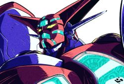 Rule 34 | drill, getter robo, jimmy stone, looking up, mecha, no humans, robot, science fiction, shin getter-1, shin getter robo, solo, super robot, upper body, white background, yellow eyes