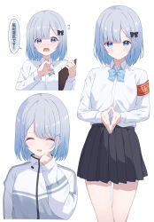 Rule 34 | 1girl, armband, black bow, black skirt, blue bow, blue bowtie, blue eyes, blue hair, blush, bow, bowtie, clipboard, closed mouth, collared shirt, commentary request, dress shirt, flying sweatdrops, grey hair, hair bow, hair ornament, highres, jacket, kaga sumire, light blue hair, long sleeves, looking at viewer, miniskirt, nose blush, open mouth, own hands together, pleated skirt, school uniform, shinshia (sinsia 0928), shirt, short hair, simple background, skirt, smile, speech bubble, track jacket, virtual youtuber, vspo!, white background, white jacket, white shirt, wing collar, x hair ornament