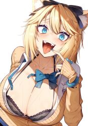 Rule 34 | 1girl, black bra, black ribbon, blonde hair, blue bow, blue bowtie, blue eyes, blue nails, bow, bow hairband, bowtie, bra, braid, breasts, brown cardigan, cardigan, character request, cleavage, cluseller, copyright request, fangs, hair ribbon, hairband, highres, lace, lace bra, large breasts, long hair, nail polish, open clothes, open mouth, open shirt, original, ribbon, sharp teeth, sharp tongue, side braids, slit pupils, solo, teeth, tongue, tongue out, underwear