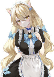 Rule 34 | 1girl, ahoge, animal ears, apron, arm ribbon, bell, black dress, blonde hair, blue bow, blue bowtie, bow, bow choker, bowtie, cat ears, cat girl, closed mouth, collared dress, commentary request, commission, cowboy shot, dress, hair bow, hand up, highres, long hair, looking at viewer, maid, maid apron, maid headdress, original, puffy short sleeves, puffy sleeves, raiya atelier, ribbon, short sleeves, simple background, skeb commission, solo, very long hair, white apron, white background, yellow eyes