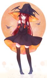 Rule 34 | 1girl, alternate costume, animal, bare shoulders, bat (animal), black dress, black hat, black thighhighs, black wings, bow, collarbone, commentary request, detached sleeves, dress, full body, full moon, halloween, halloween costume, hand up, hat, head wings, highres, hyakunin momoko, koakuma, long hair, looking at viewer, moon, no shoes, orange bow, pigeon-toed, red eyes, red hair, revision, ripples, short dress, smile, solo, standing, thighhighs, tongue, tongue out, touhou, white background, wings, witch hat, zettai ryouiki