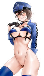 Rule 34 | 1girl, :d, absurdres, azur lane, baltimore (azur lane), baltimore (finish line flagbearer) (azur lane), bikini, black bikini, black choker, black gloves, blue bikini, blue hat, blue jacket, blue thighhighs, blush, breasts, brown hair, choker, cl (summer sama), cowboy shot, cropped jacket, gloves, gluteal fold, grin, hat, highres, jacket, large breasts, long sleeves, looking at viewer, mismatched bikini, open clothes, open jacket, open mouth, parted lips, pussy, pussy peek, race queen, short hair, skindentation, smile, solo, swimsuit, teeth, thighhighs, thong bikini, underboob, yellow eyes