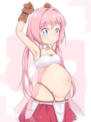 Rule 34 | 1girl, ahoge, akai (riaakai), armpits, arms up, blue eyes, blush, breasts, brown gloves, closed mouth, collarbone, endro!, gloves, groin, long hair, looking at viewer, midriff, navel, pink background, pink hair, pregnant, shiny clothes, shiny skin, simple background, skirt, small breasts, smile, solo, twintails, two-tone background, white background, yuria shardet