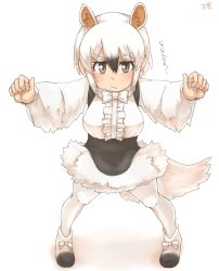 Rule 34 | 10s, 1girl, :/, animal ears, artist logo, black hair, bow, bowtie, brown eyes, closed mouth, commentary request, extra ears, footwear bow, frills, full body, hair between eyes, hands up, highres, kemono friends, long sleeves, looking at viewer, multicolored hair, outstretched arms, pantyhose, paw pose, shirt, shoes, short hair, sidelocks, simple background, skirt, solo, southern tamandua (kemono friends), spread arms, standing, sweatdrop, tail, tamandua ears, thin (suzuneya), translation request, v-shaped eyebrows, white background, white hair, white pantyhose, white shirt, white skirt
