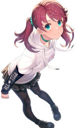 Rule 34 | 1girl, aqua choker, aqua eyes, aqua scrunchie, black footwear, black pantyhose, brown hair, closed mouth, collarbone, commentary request, drawstring, from above, full body, hair ornament, hair scrunchie, highres, hood, hood down, hoodie, itou (onsoku tassha), layered sleeves, leaning forward, long sleeves, looking at viewer, medium hair, miniskirt, musical android (itou), original, pantyhose, pleated skirt, scrunchie, shoes, short over long sleeves, short sleeves, skirt, smile, solo, twintails, white background, white hoodie