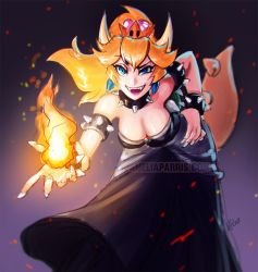Rule 34 | 1girl, artist request, bare shoulders, blonde hair, blue eyes, borrowed character, bowsette, bracelet, breasts, collar, crown, dress, fire, horns, jewelry, looking at viewer, mario (series), new super mario bros. u deluxe, nintendo, ponytail, solo, spiked bracelet, spiked collar, spikes, super crown