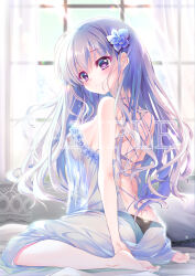 Rule 34 | 1girl, amaha miu, ass, back, barefoot, black panties, bloom, blue flower, blush, breasts, closed mouth, colored eyelashes, covered erect nipples, curtains, dress, dress flower, eyelashes, eyes visible through hair, feet, flower, full body, hair between eyes, hair flower, hair ornament, hair spread out, highres, indoors, izumi tsubasu, large breasts, light purple hair, long hair, looking at viewer, mashiroiro symphony, on bed, paid reward available, panties, purple eyes, sample watermark, see-through, see-through dress, sideboob, sidelighting, sitting, sleeveless, sleeveless dress, smile, soles, solo, toes, underwear, very long hair, wariza, watermark, wavy hair, white dress, window