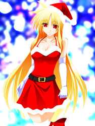 Rule 34 | 00s, 1girl, absurdres, blonde hair, bow, breasts, christmas, cleavage, dress, elbow gloves, engo (aquawatery), fate testarossa, gloves, hair bow, hat, highres, long hair, lyrical nanoha, mahou shoujo lyrical nanoha, mahou shoujo lyrical nanoha strikers, medium breasts, red eyes, santa costume, santa hat, smile, solo, thighhighs, very long hair, white gloves