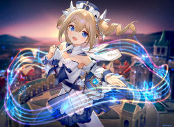 Rule 34 | 1girl, ainy, architecture, barbara (genshin impact), blonde hair, blue dress, blue eyes, blue headwear, blurry, blurry background, book, bow, city, cross, detached collar, detached sleeves, dress, drill hair, evening, genshin impact, hair between eyes, hand up, latin cross, looking at viewer, magic, musical note, off-shoulder dress, off shoulder, outdoors, outstretched arm, outstretched hand, pantyhose, priestess, scenery, smile, solo, staff (music), tower, twin drills, twintails, two-tone dress, white dress, white pantyhose, white sleeves