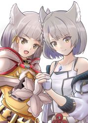 Rule 34 | animal ears, blunt bangs, bodysuit, breasts, cat ears, chest jewel, facial mark, flat chest, gloves, highres, inuneco, jacket, mio (xenoblade), nia (xenoblade), short hair, shoulder strap, silver hair, small breasts, tank top, white gloves, white jacket, white tank top, xenoblade chronicles (series), xenoblade chronicles 2, xenoblade chronicles 3, yellow bodysuit, yellow eyes