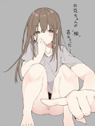 Rule 34 | 1girl, bad id, bad pixiv id, bare legs, barefoot, bottomless, brown eyes, brown hair, censored, closed mouth, covering own mouth, grey background, grey shirt, hair between eyes, half-closed eyes, hand up, long hair, looking at viewer, mosaic censoring, original, shirt, simple background, solo, squatting, t-shirt, tareme, tsuka