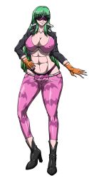 Rule 34 | 1girl, abs, artist request, biker clothes, bikini, bikini top only, black jacket, boots, breasts, capcom, capri pants, cleavage, commission, commissioner upload, covered erect nipples, cropped jacket, fingerless gloves, gloves, green hair, hand on own hip, highres, jacket, large breasts, midriff, morrigan aensland, navel, orange gloves, oyq93, pants, pink pants, smile, sunglasses, swimsuit, tagme, thong, vampire (game)