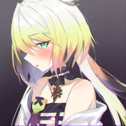 Rule 34 | 1other, absurdres, bare shoulders, blonde hair, blush, collarbone, green eyes, hair between eyes, highres, jacket, long hair, looking at viewer, low twintails, melissa kinrenka, nijisanji, off shoulder, open clothes, open jacket, other focus, parted lips, profile, solo, twintails, upper body, virtual youtuber, white jacket, yotsugi