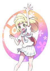 Rule 34 | 1girl, arm up, backpack, bag, blonde hair, blush, braid, clenched hand, commentary request, creatures (company), eyelashes, floating hair, game freak, green eyes, highres, kisama (0213), lillie (pokemon), long hair, nintendo, open mouth, pleated skirt, pokemon, pokemon sm, ponytail, short sleeves, skirt, smile, solo, spread fingers, teeth, tongue, white skirt