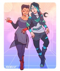 Rule 34 | 2girls, alternate costume, apex legends, arm warmers, black hair, black lips, blue footwear, blue hair, boots, breasts, catalyst (apex legends), clothing cutout, collarbone, commentary, dark-skinned female, dark skin, english commentary, fingerless gloves, gloves, green nails, grey eyes, grey jacket, grey pantyhose, grey shirt, grey shorts, highres, jacket, loba (apex legends), locked arms, long shirt, medium breasts, multicolored hair, multiple girls, off shoulder, open mouth, pantyhose, parted lips, red footwear, red gloves, shirt, short hair, shorts, shoulder cutout, smile, streaked hair, surprised, thekittlekat