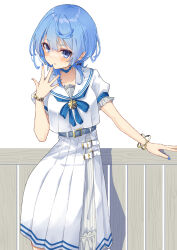 Rule 34 | 1girl, absurdres, belt, blue bow, blue bowtie, blue eyes, blue hair, blue nails, blush, bow, bow earrings, bowtie, bracelet, contrapposto, covering own mouth, dress, earrings, frilled sleeves, frills, grey belt, hand over own mouth, highres, hololive, hoshimachi suisei, hoshimachi suisei (school uniform), jewelry, kisara mikami, looking at viewer, nail polish, official alternate costume, official alternate hair length, official alternate hairstyle, ojou-sama pose, parted lips, puffy short sleeves, puffy sleeves, sailor collar, sailor dress, school uniform, serafuku, short hair, short sleeves, skirt, solo, star (symbol), star in eye, symbol in eye, virtual youtuber, white dress, white sailor collar, white serafuku, white skirt