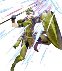 Rule 34 | 1boy, armor, armored boots, aura, boots, fire emblem, fire emblem echoes: shadows of valentia, fire emblem heroes, forsyth (fire emblem), full body, gloves, green armor, green eyes, green hair, highres, male focus, nintendo, official art, open mouth, polearm, shield, solo, spear, teeth, transparent background, weapon