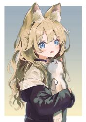 1girl :d animal animal_ear_fluff animal_ears artist_name black_cardigan blue_eyes blush brown_shirt cardigan cat cat_ears commentary_request cyan_(sasukeone3) gradient_background highres holding holding_animal holding_cat long_hair long_sleeves looking_at_viewer open_cardigan open_clothes open_mouth original shirt smile solo upper_body