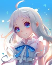 Rule 34 | 1girl, ahoge, backlighting, bad id, bad pixiv id, blue eyes, character request, copyright request, liuzexiong, long hair, petals, smile, solo, upper body, white hair