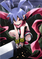 Rule 34 | 1boy, antenna hair, bad id, bad pixiv id, belt, blue hair, bracelet, branch, cloud, cloudy sky, d@i, disgaea, holding, holding sword, holding weapon, jewelry, laharl, looking at viewer, mountainous horizon, pointy ears, red eyes, red footwear, red scarf, red shorts, scarf, short shorts, shorts, sky, smile, solo, squatting, sword, thunder, topless male, weapon